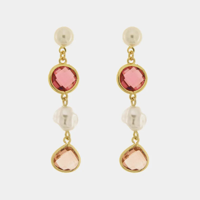 Orecchini in Metallo lunghi cristalli rosa e perla