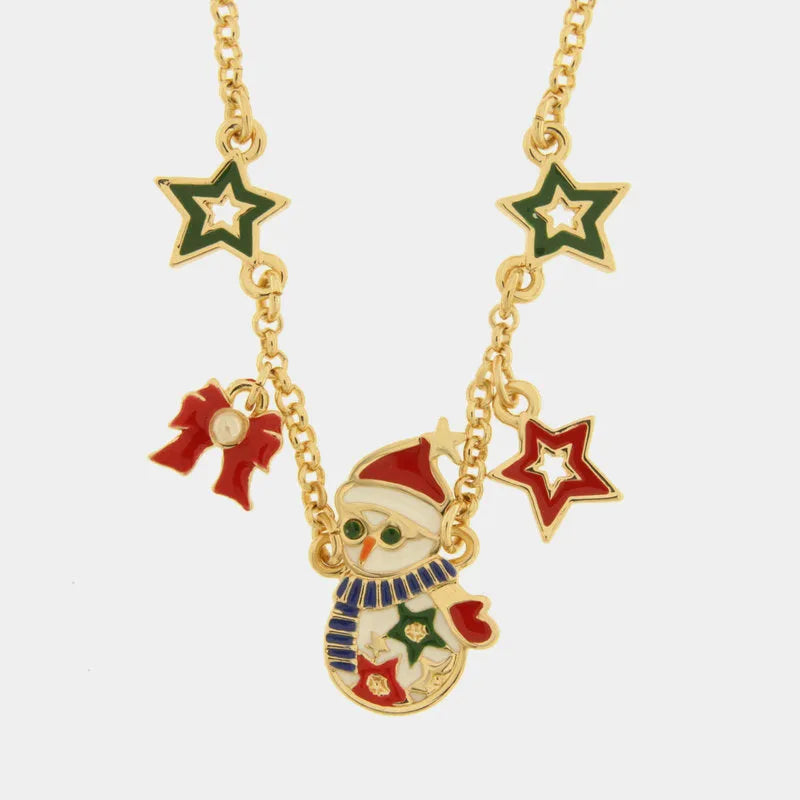 Collana in Metallo pupazzo di neve, stelle e fiocco rosso