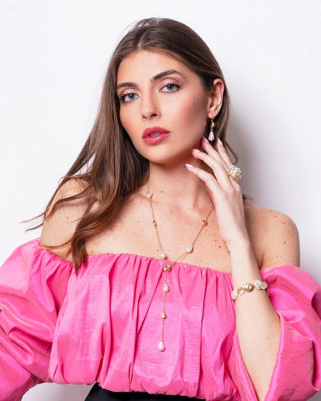 Collana in Metallo lariat donna charm perle barocche dorate placcato oro