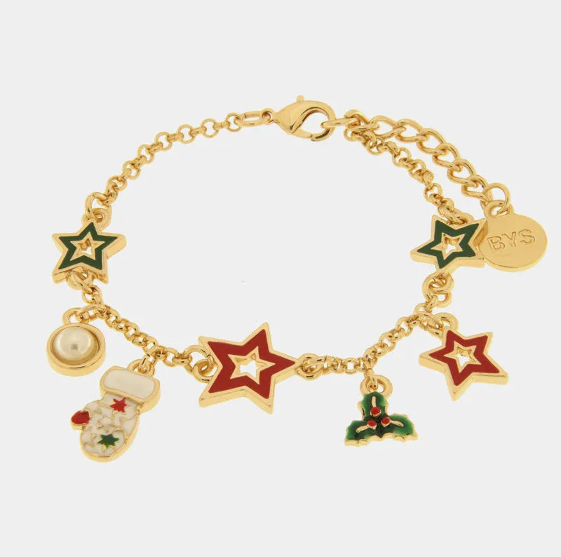 Bracciale in Metallo stelle di natale colorate, vischio e guanto bianco