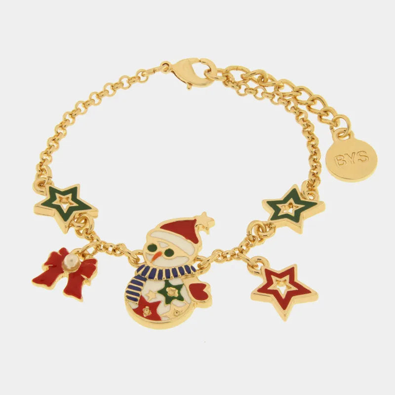 Bracciale in Metallo pupazzo di neve, stelle e fiocco rosso