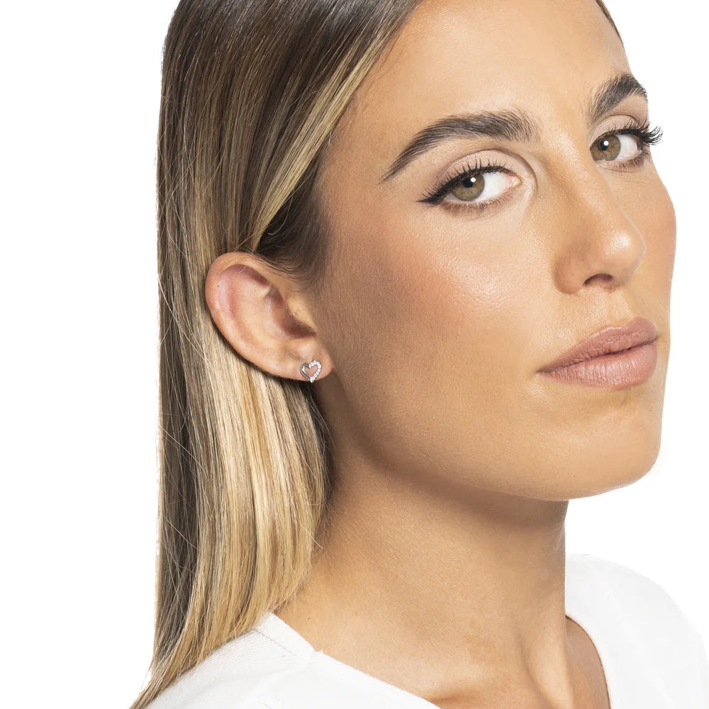 MONO ORECCHINO DONNA IN ACCIAIO CON CUORE CON PETALO CON PUNTI LUCE ZIRCONE BIANCO