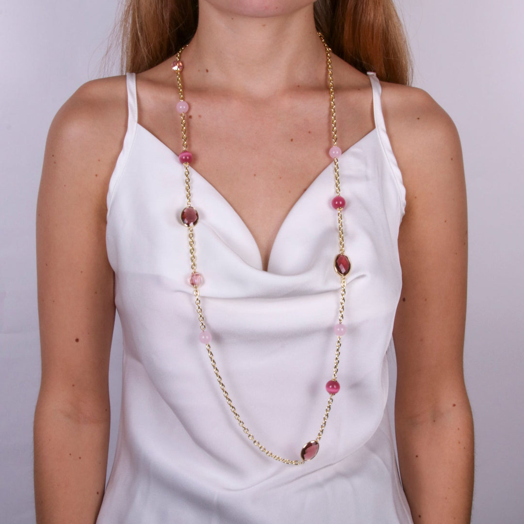 Collana in Metallo lunga con cristalli e perle rosa Amovenezia