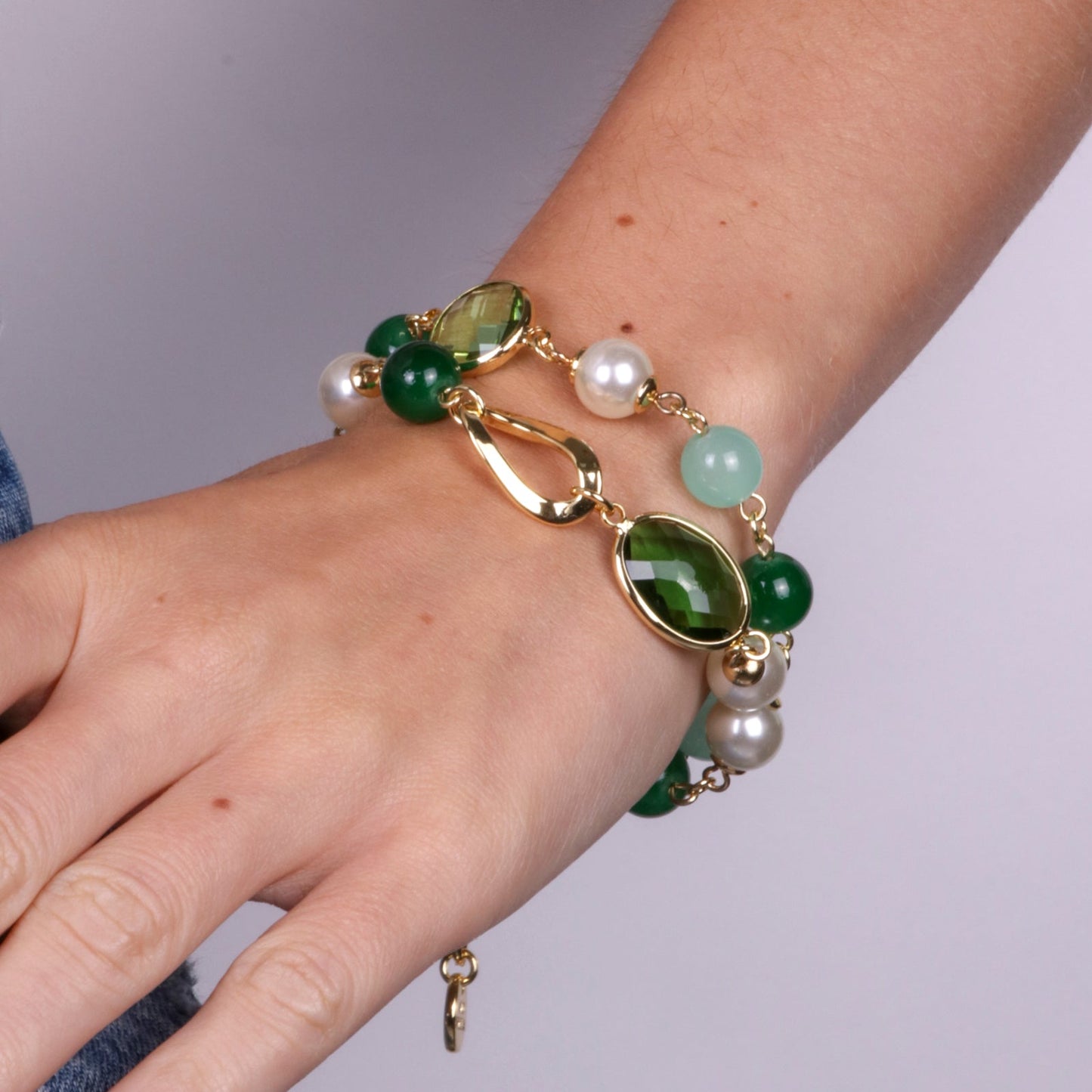 Bracciale in Metallo doppio filo con perle e crstallo verde Amovenezia
