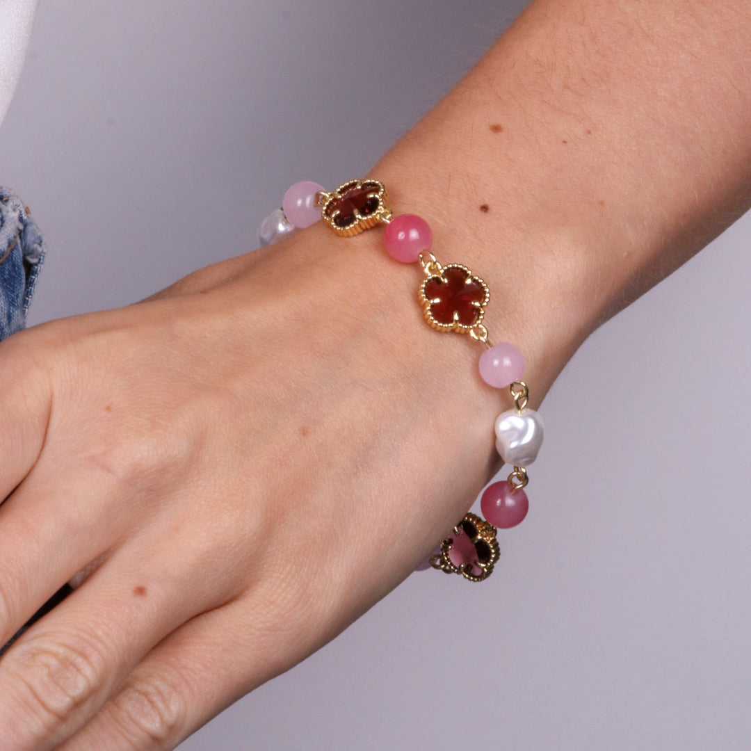 Bracciale in Metallo con cristalli a a forma di fiore rosa e perle Amovenezia