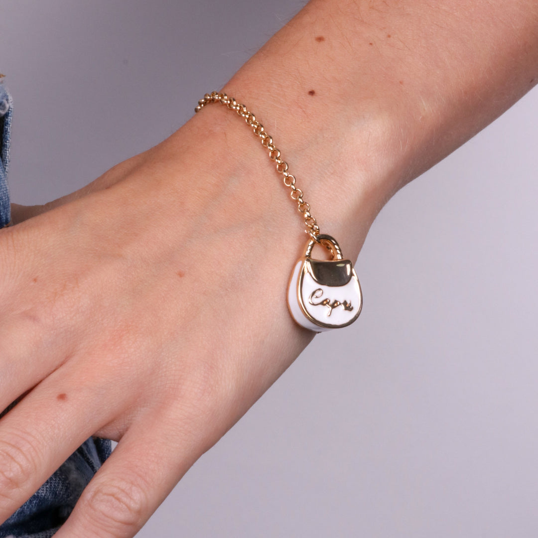 Bracciale in Metallo con borsa bianca scritta capri e cuore Amocapri
