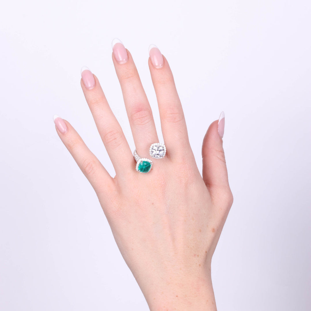 Anello in Argento 925 contrariè con zircone verde e trasparente