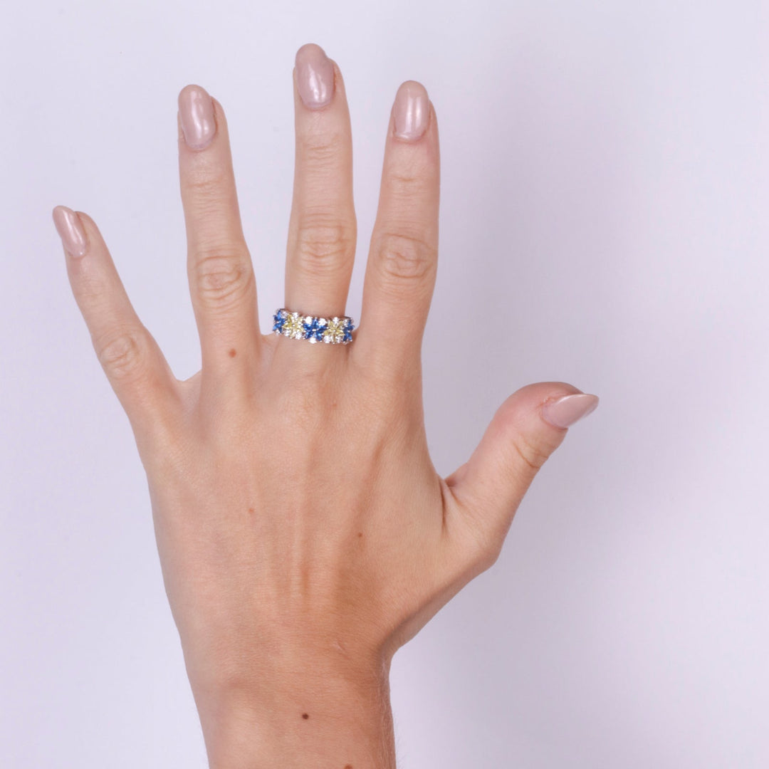 Anello in Argento 925 con fiori di cristallo blue e giallo e zirconi