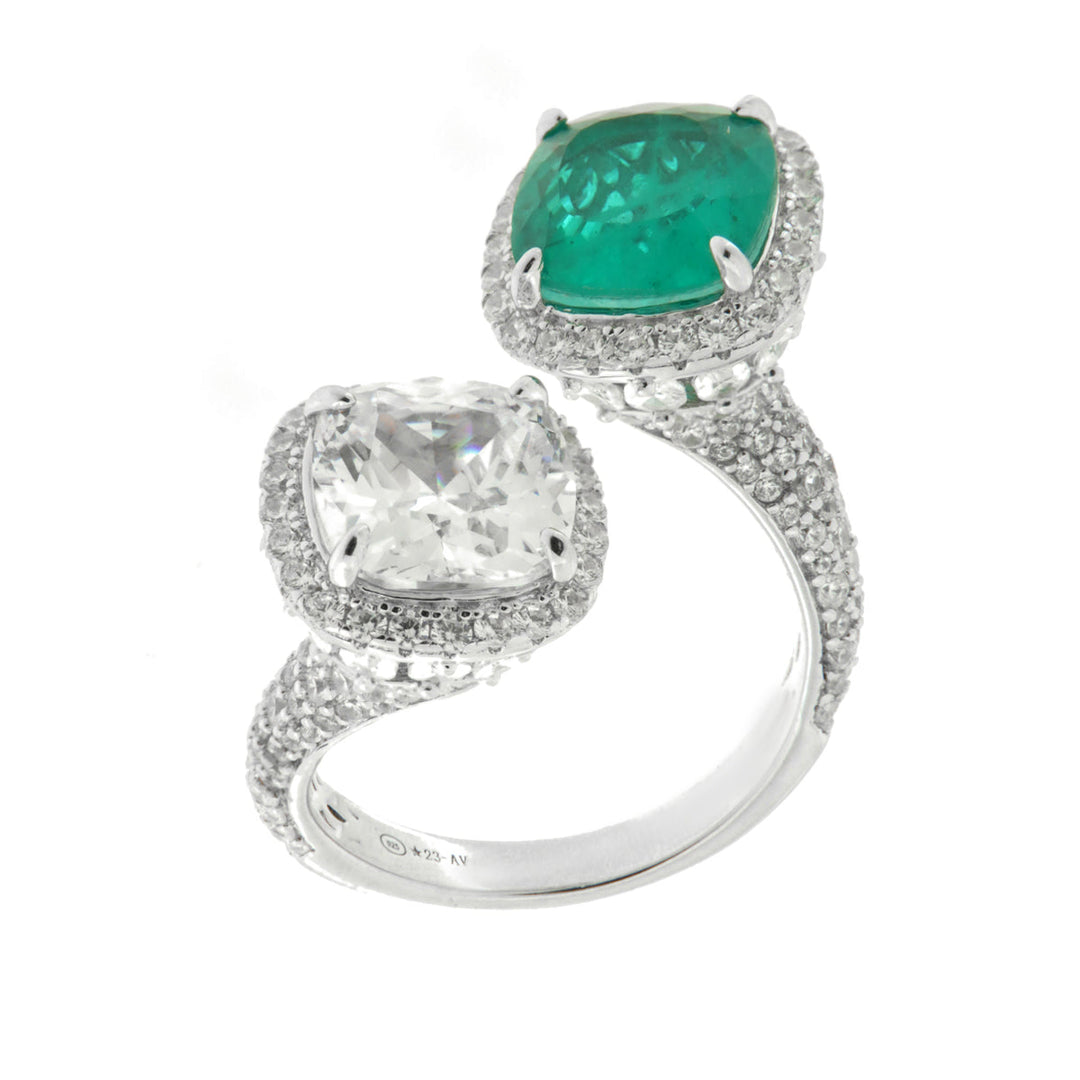 Anello in Argento 925 contrariè con zircone verde e trasparente