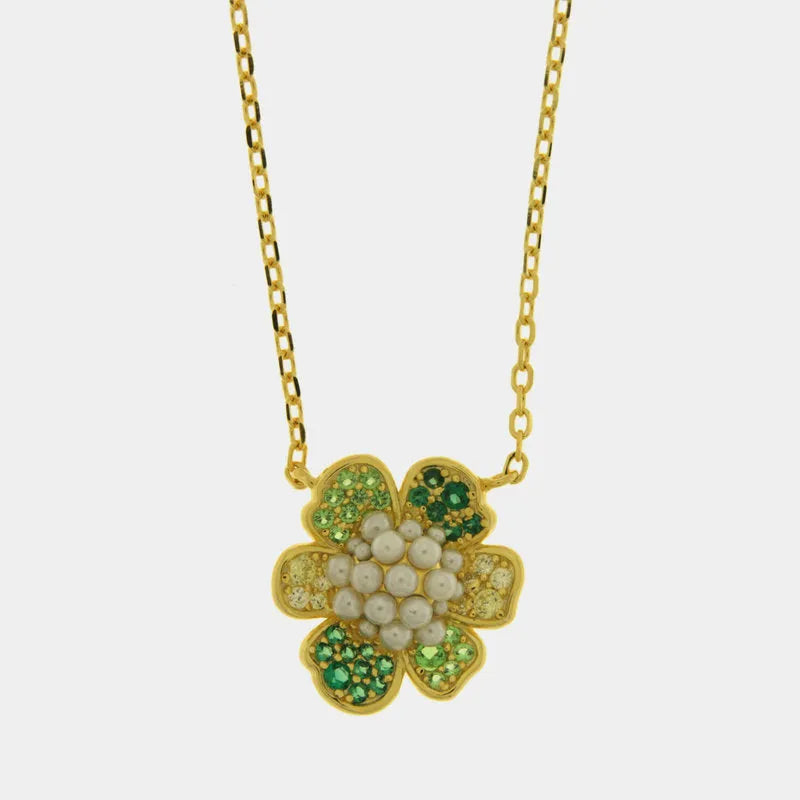 Collana in Argento 925 fiore verde zirconato con perle