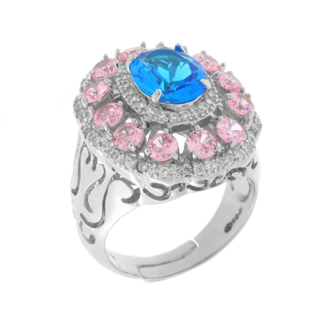 Anello in Argento 925 con zirconi rosa e azzurri