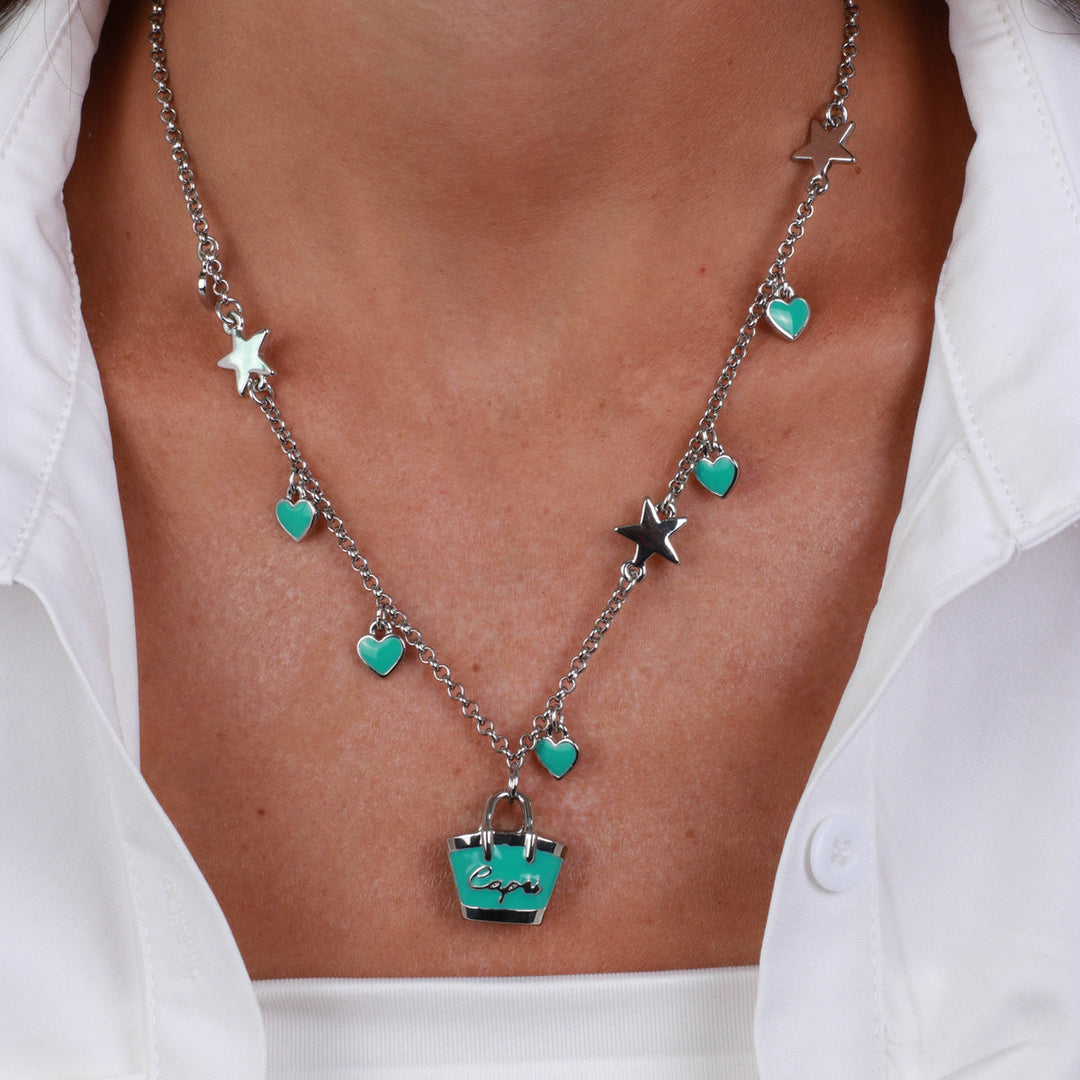 Collana in Metallo con borsa azzurra Capri e cuori