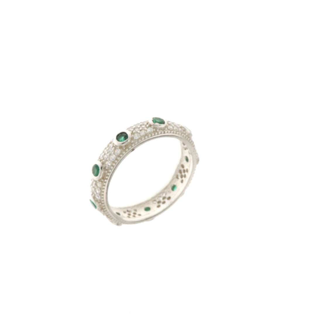 Anello in Argento 925 a fascia con zirconi banchi e zirconi verdi