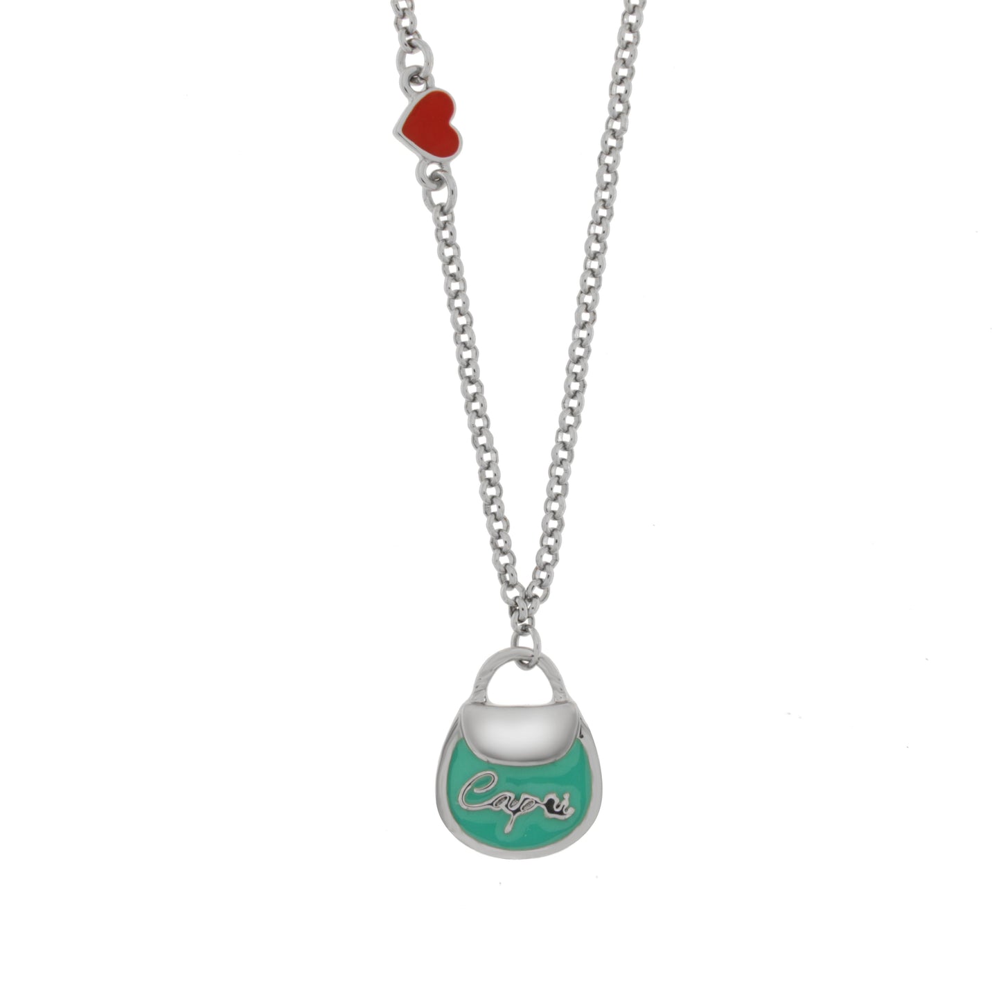Collana in Metallo con borsa verde acqua scritta capri e cuore