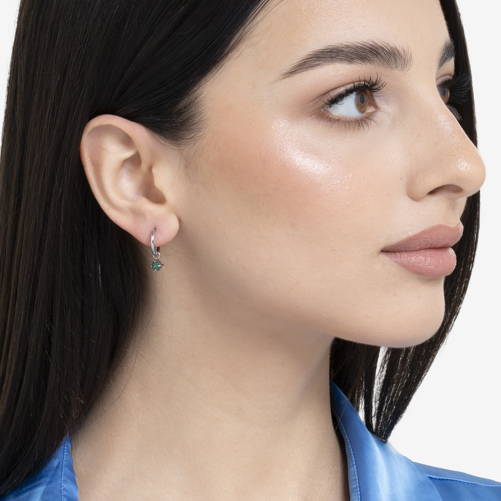 MONO ORECCHINI DONNA IN ACCIAIO CERCHIO CON ZIRCONE VERDI