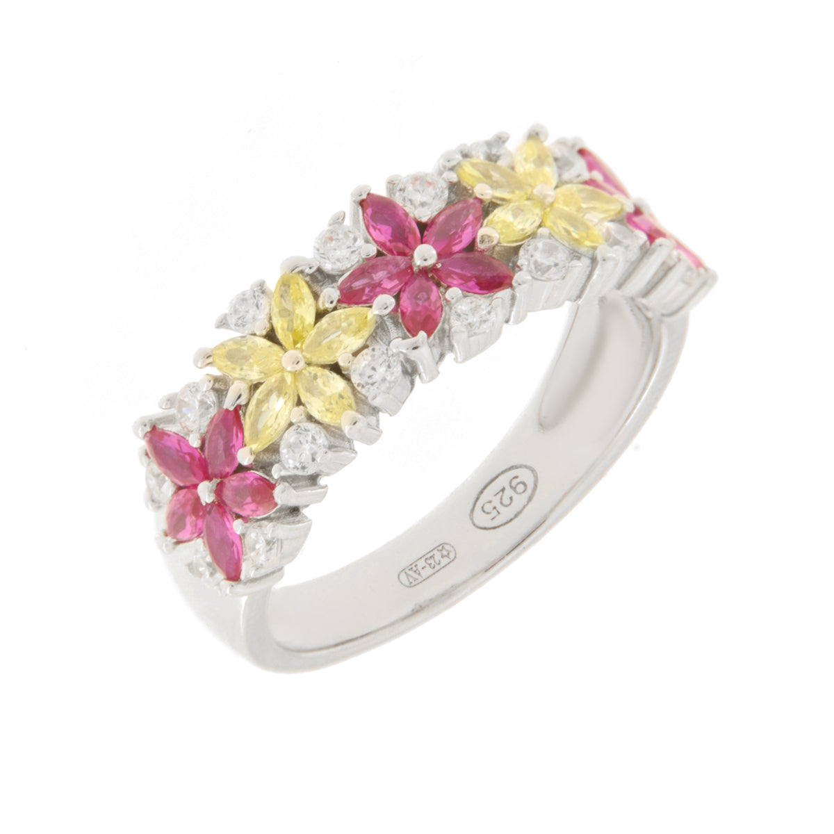 Anello in Argento 925 con fiori di cristallo rosso e giallo e zirconi