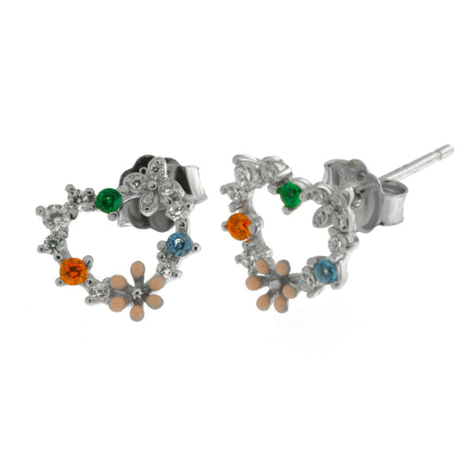 Orecchini in Argento 925 cuore a lobo impreziosito da fiori colorati