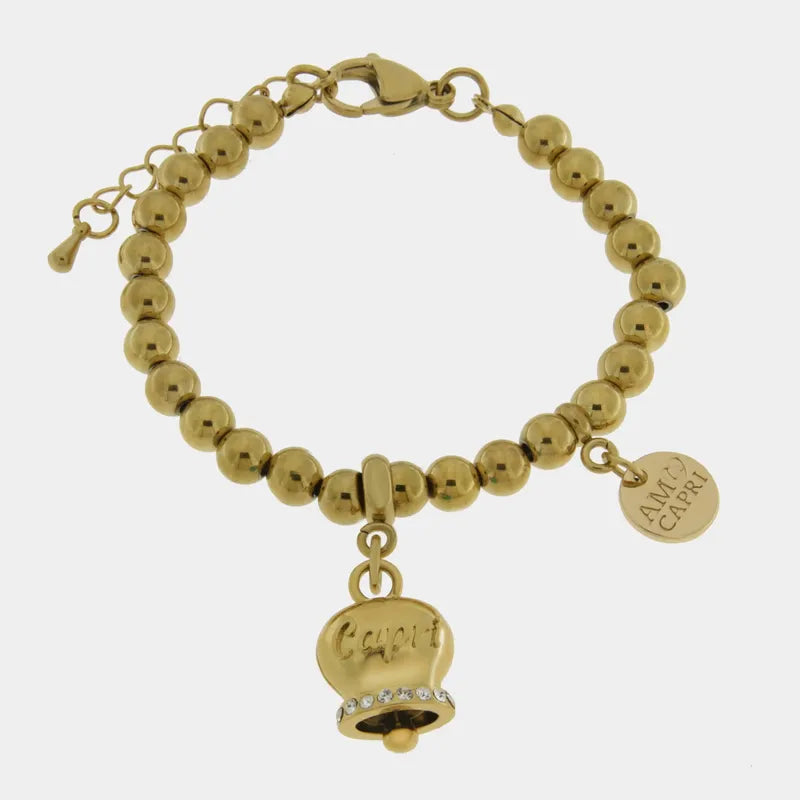 Bracciale in Acciaio con campanella placcata oro con scritta Capri