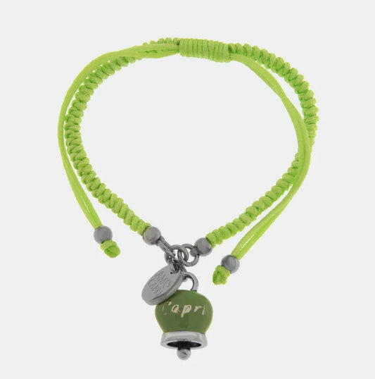 Bracciale in Acciaio Cordino verde e Campanella Portafortuna Capri - Colore Verde Menta
