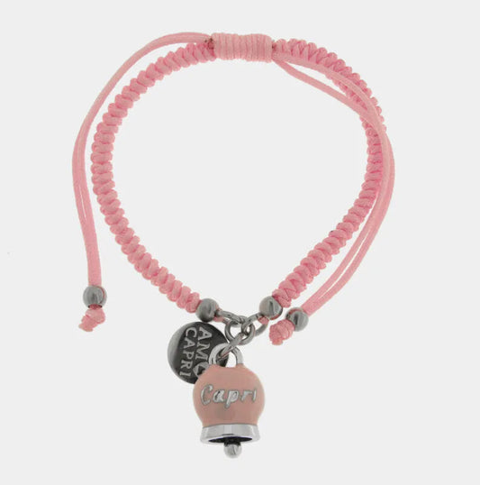Bracciale in Acciaio Cordino Rosa e Campanella Portafortuna Dolce Capri - Colore Tickled Pink