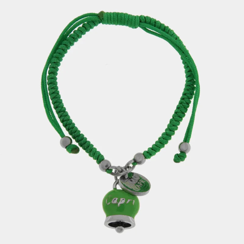 Bracciale in Acciaio Cordino Verde e Campanella Portafortuna verde Capri