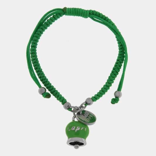 Bracciale in Acciaio Cordino Verde e Campanella Portafortuna verde Capri