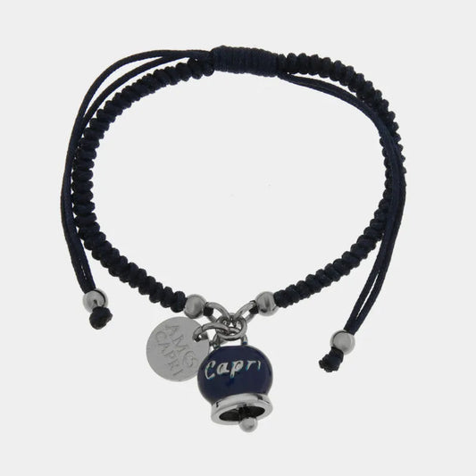 Bracciale in Acciaio Cordino Blu e Campanella Portafortuna blu Mare di Capri