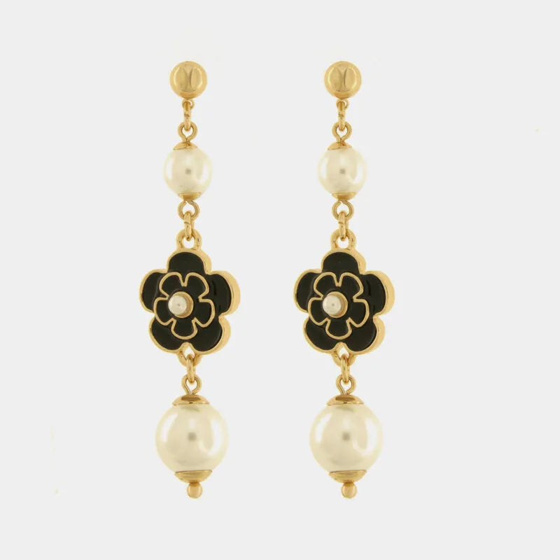 Orecchini in Metallo pendenti con pietre bianche e fiori smaltati neri