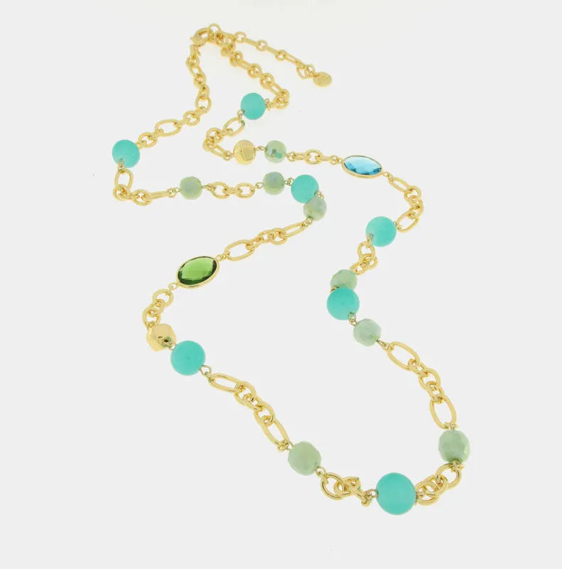 Collana in Metallo lunga con catena , perle e cristalli verdi