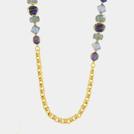 Collana in Metallo catena con cristalli di Murano blu