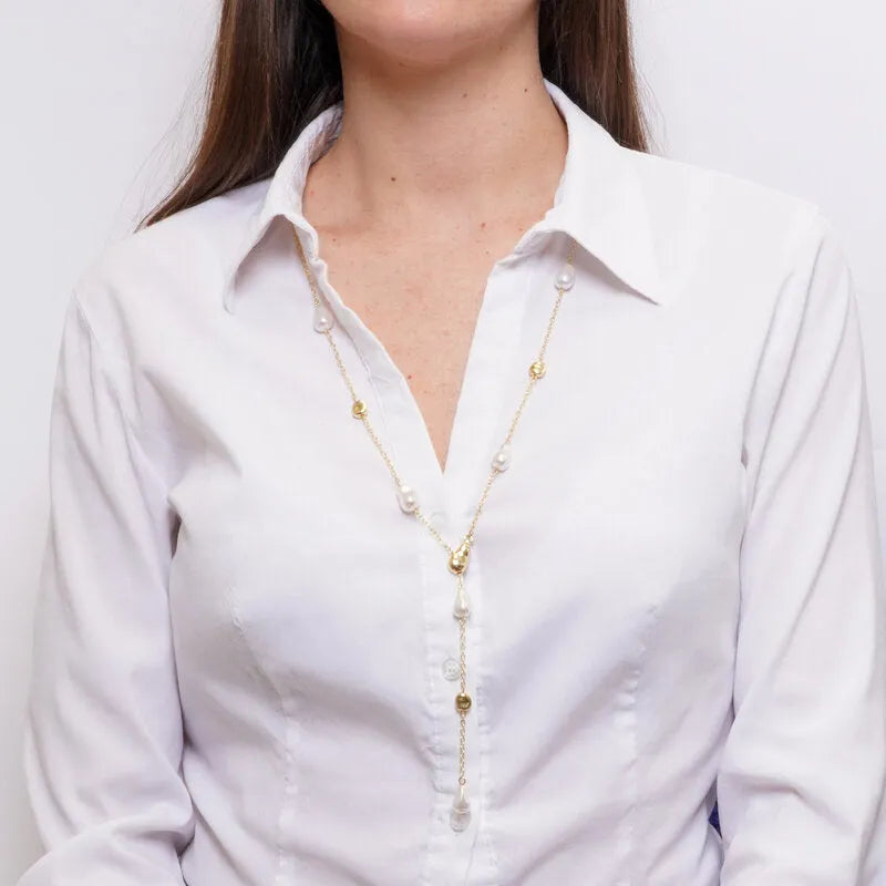 Collana in Metallo lariat donna charm perle barocche dorate placcato oro