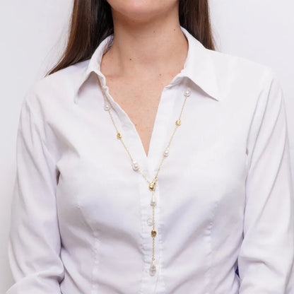 Collana in Metallo lariat donna charm perle barocche dorate placcato oro