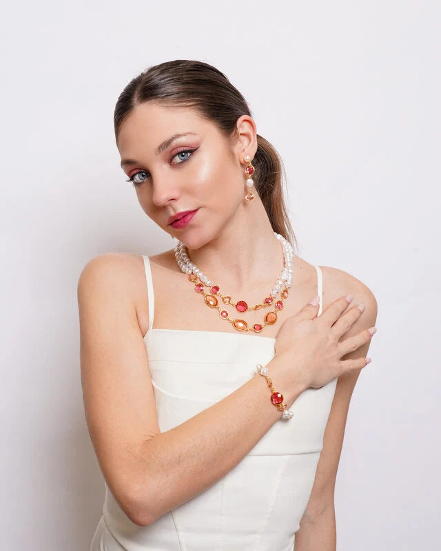 Collana in Metallo multifilo con cristalli rosa