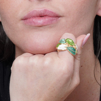 Anello in Metallo e ferma foulard foglie smaltate verdi