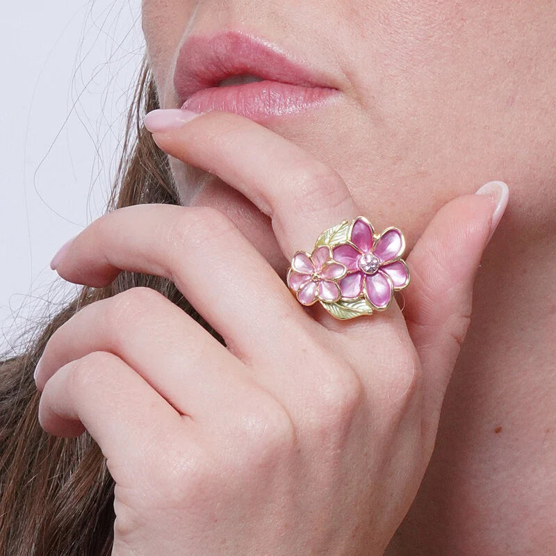 Anello in Metallo e ferma foulard fiori smaltati rosa