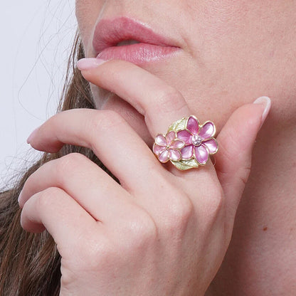 Anello in Metallo e ferma foulard fiori smaltati rosa