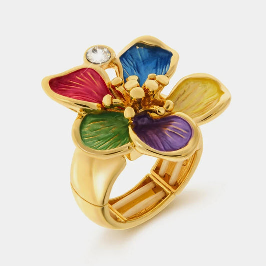 Anello in Metallo e ferma foulard fiore smaltato multicolore