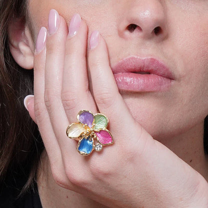 Anello in Metallo e ferma foulard fiore smaltato multicolore