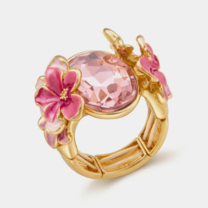 Anello in Metallo e ferma foulard cristallo e fiori smaltati rosa