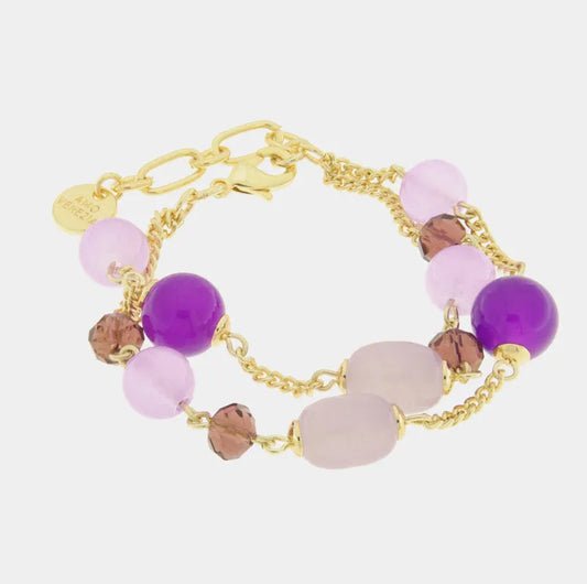 Bracciale in Metallo doppio filo con perle viola e pietre allungate