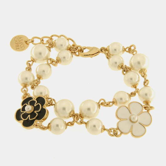 Bracciale in Metallo con sfere bianche e fiori bianchi e neri
