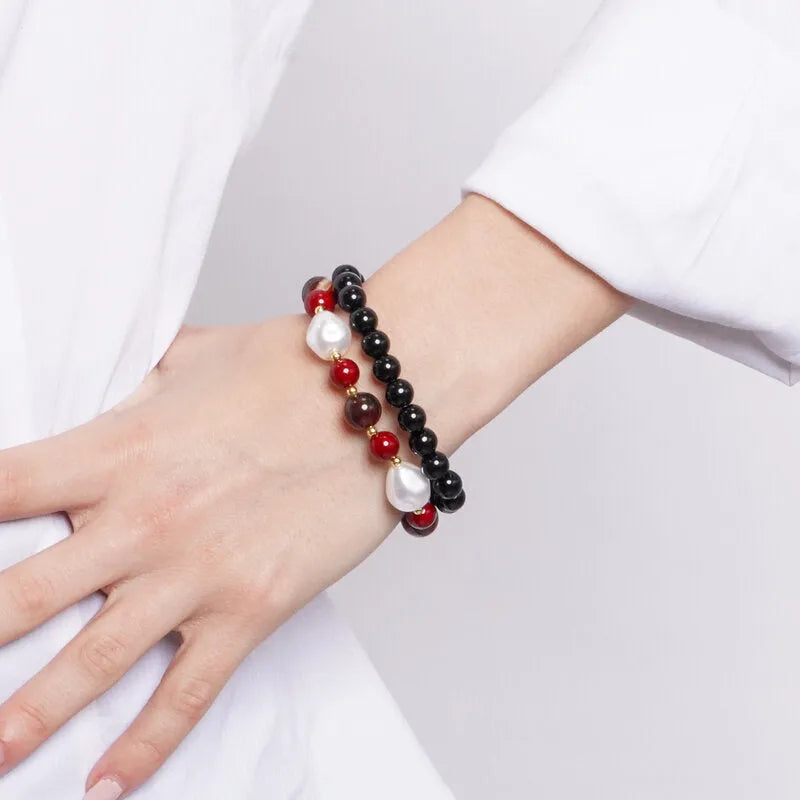 Bracciale in Metallo doppio con sfere nere, rosse e bianche