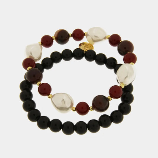 Bracciale in Metallo doppio con sfere nere, rosse e bianche