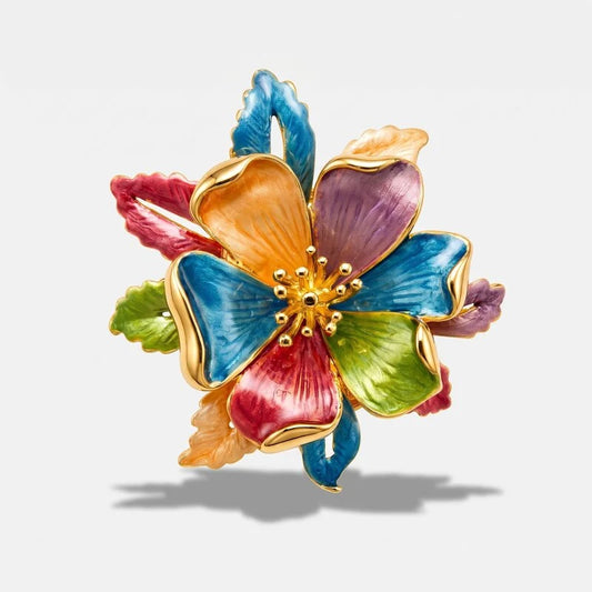 Spilla in Metallo magnetica fiore e foglie smaltate multicolore