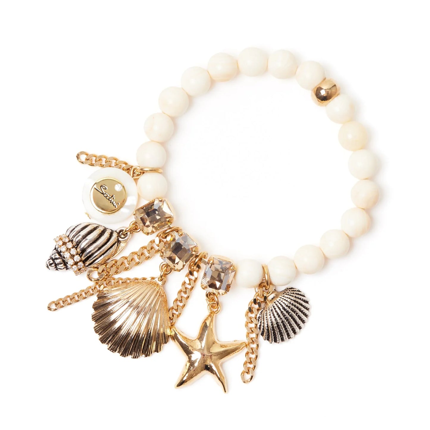 Bracciale elastico boule, cristalli e frange Maresia - Oro e bianco