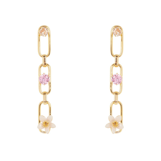 Orecchini catena, mini fiore e cristalli Hanami - Multicolor