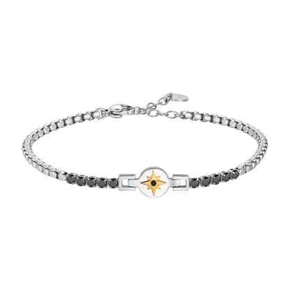 BRACCIALE TENNIS UOMO IN ACCIAIO CON ROSA DEI VENTI IP ROSE E ZIRCONI NERI