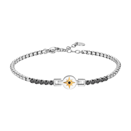 BRACCIALE TENNIS UOMO IN ACCIAIO CON ROSA DEI VENTI IP ROSE E ZIRCONI NERI