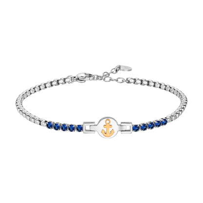 BRACCIALE TENNIS UOMO IN ACCIAIO CON ANCORA IP ROSE E ZIRCONI BLU