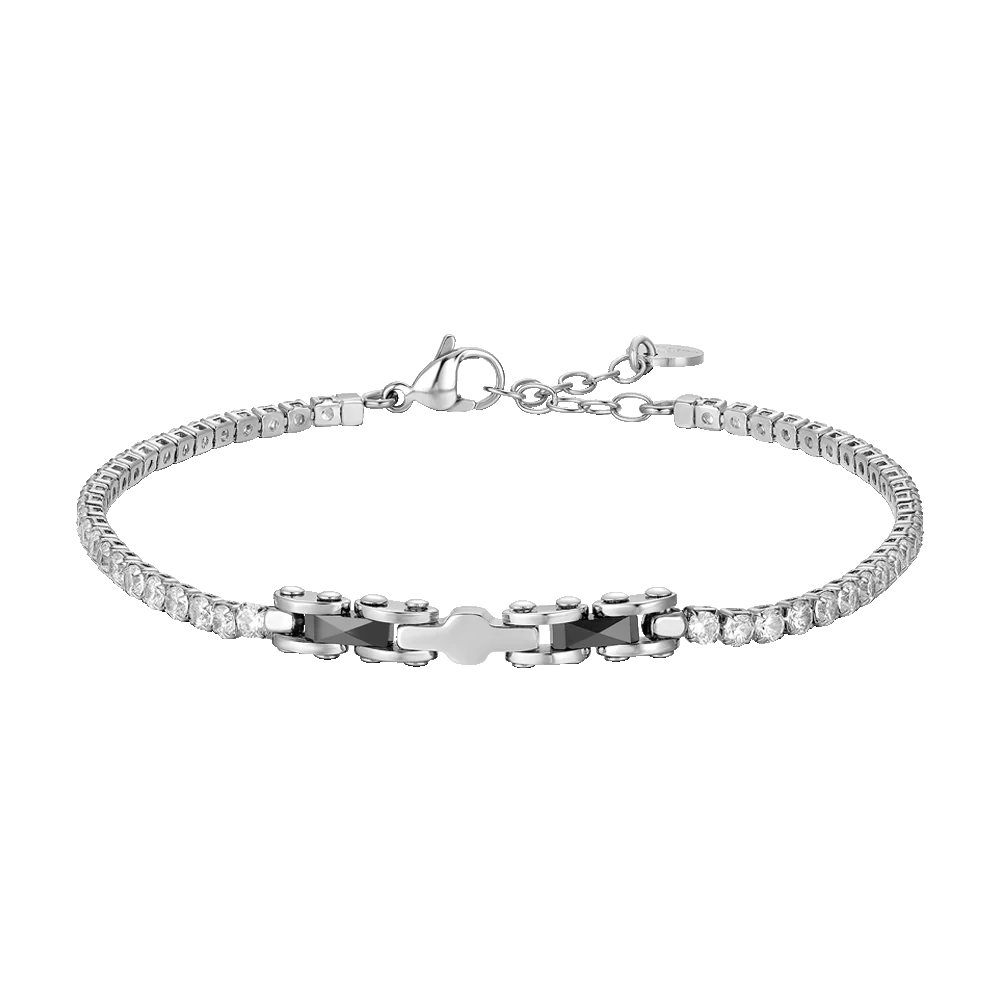 BRACCIALE TENNIS UOMO IN ACCIAIO CON CERAMICA NERA E ZIRCONI BIANCHI